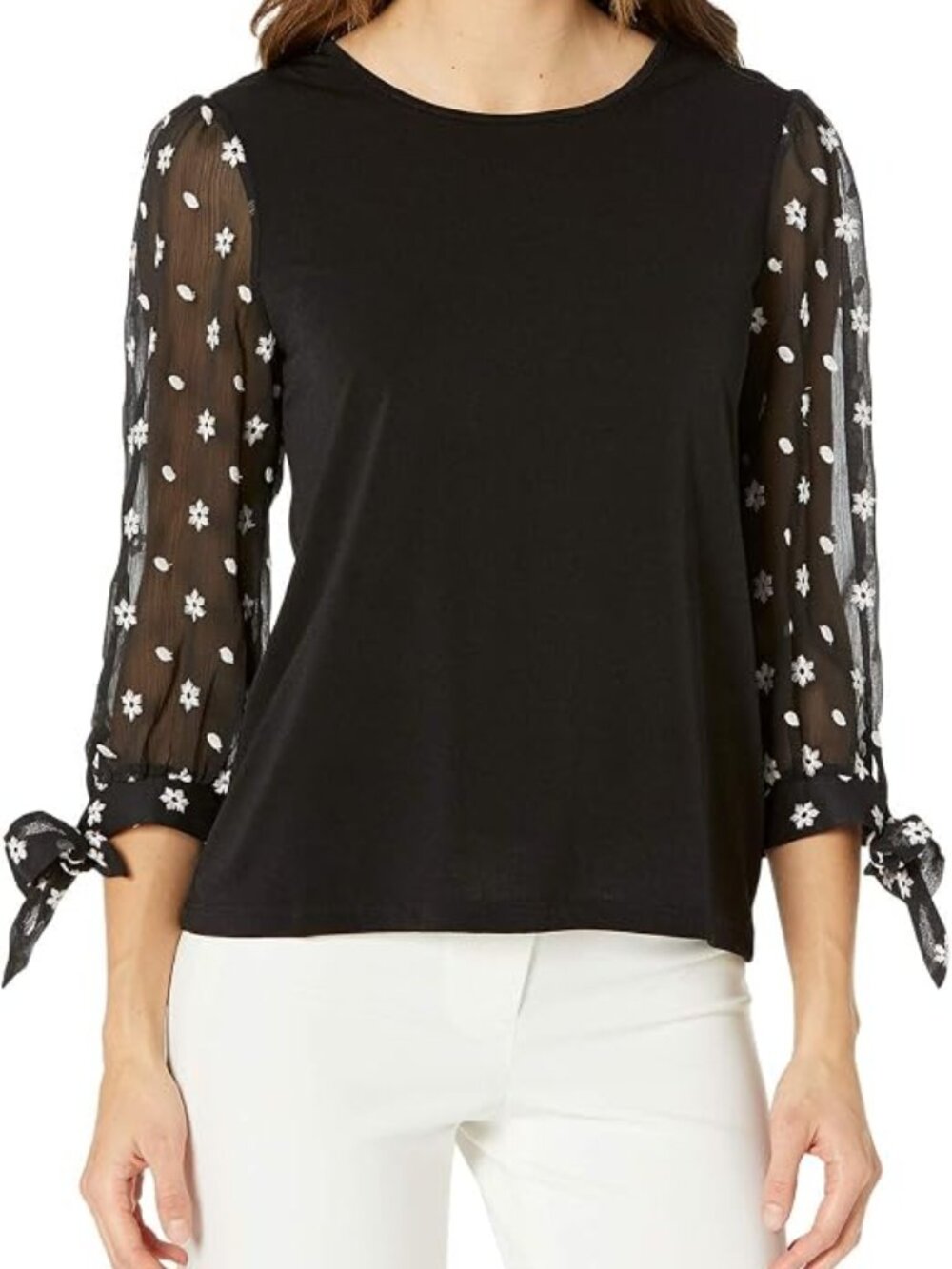 Cece Puff Sleeve black top with floral embroidered sheer sleeve Large luxury